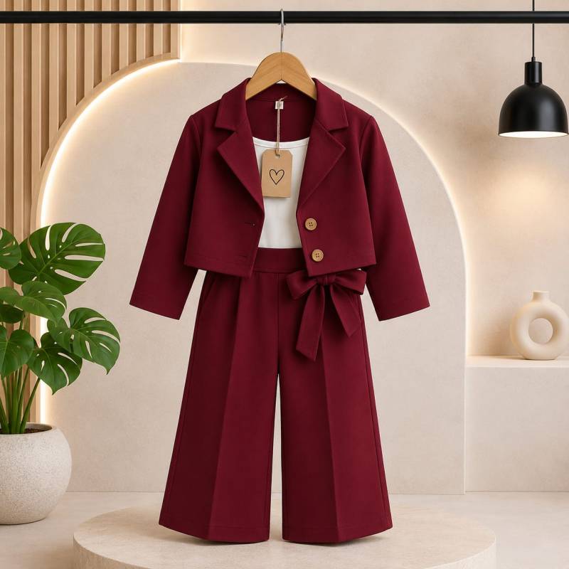 Maroon Crop Blazer, Inner Top & Bow Trousers 3-Piece Formal Suit Set